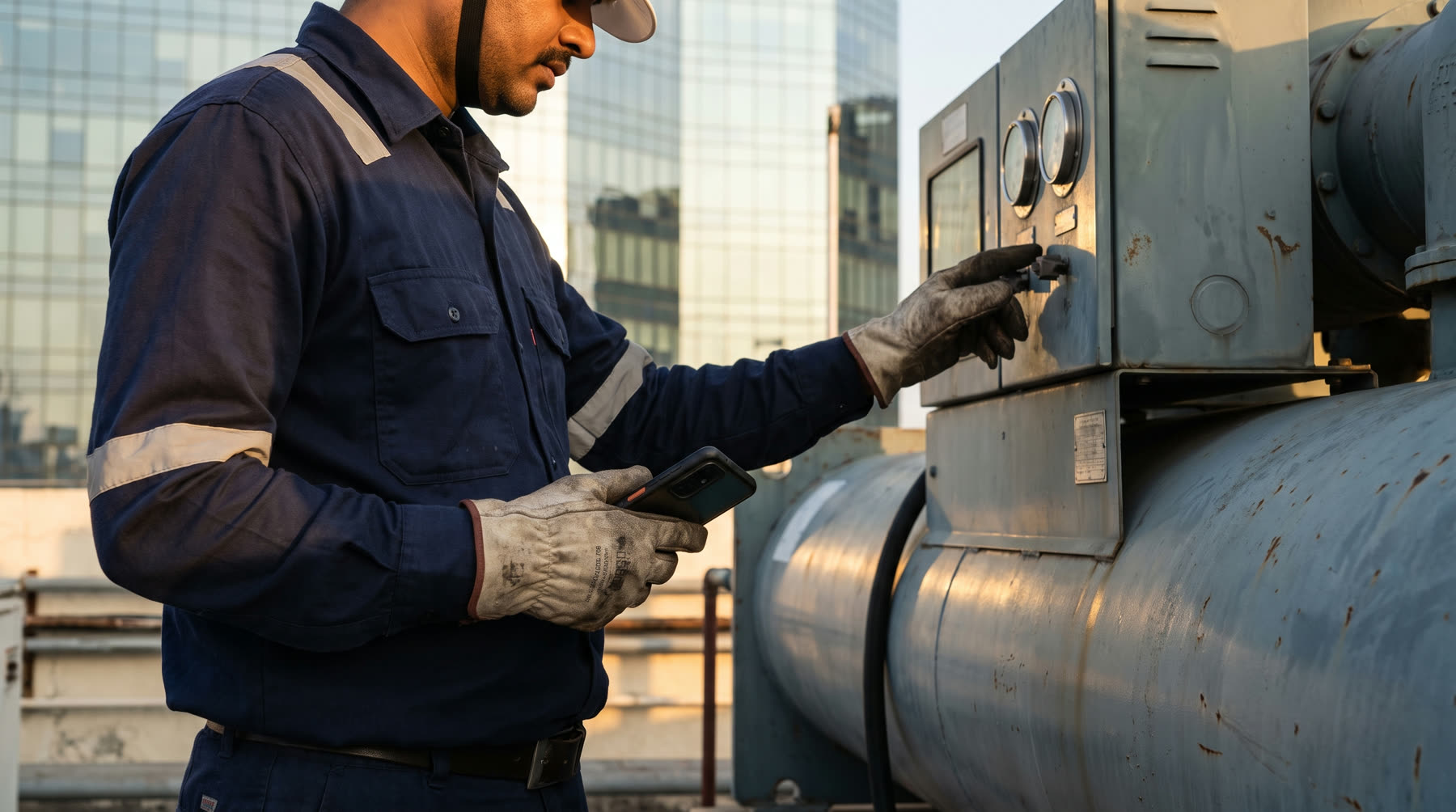 A service engineer in uniform checking a rooftop chiller unit outside a commercial tower, phone in hand.