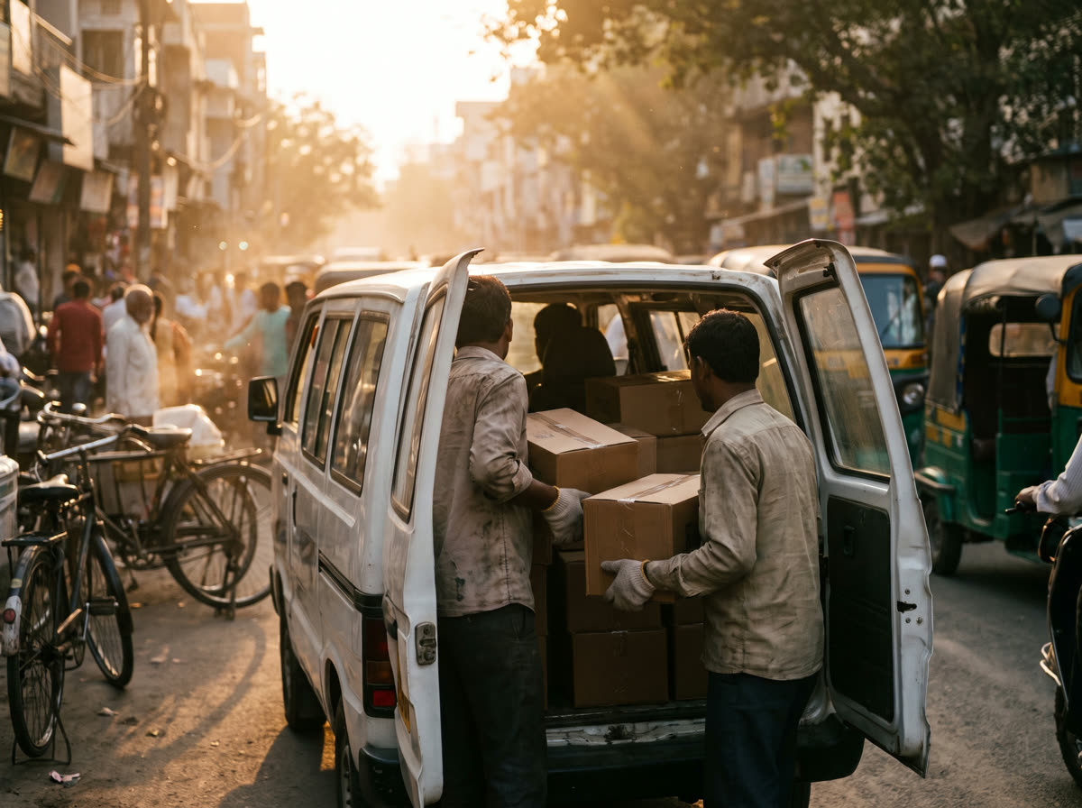 Two workers loading cartons into a delivery van on a busy street at golden hour.