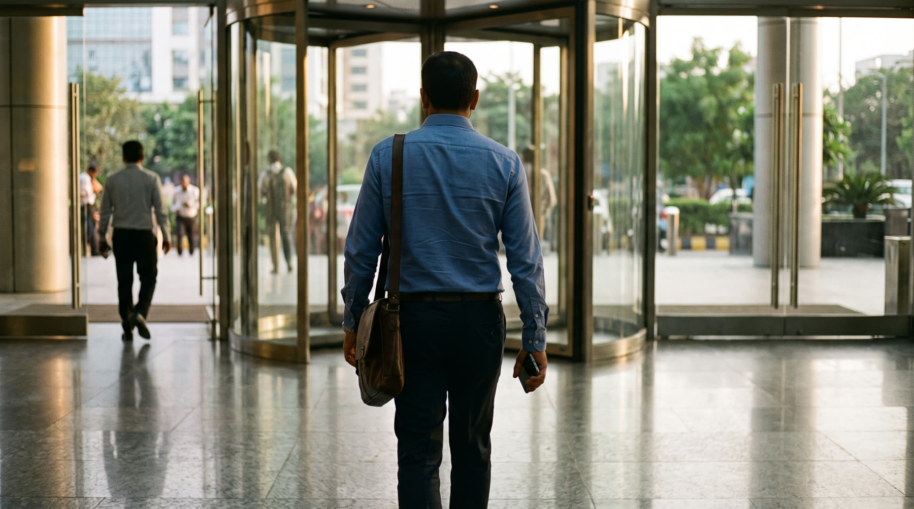 A field sales professional with a laptop bag walking out of a corporate office lobby, phone in hand.