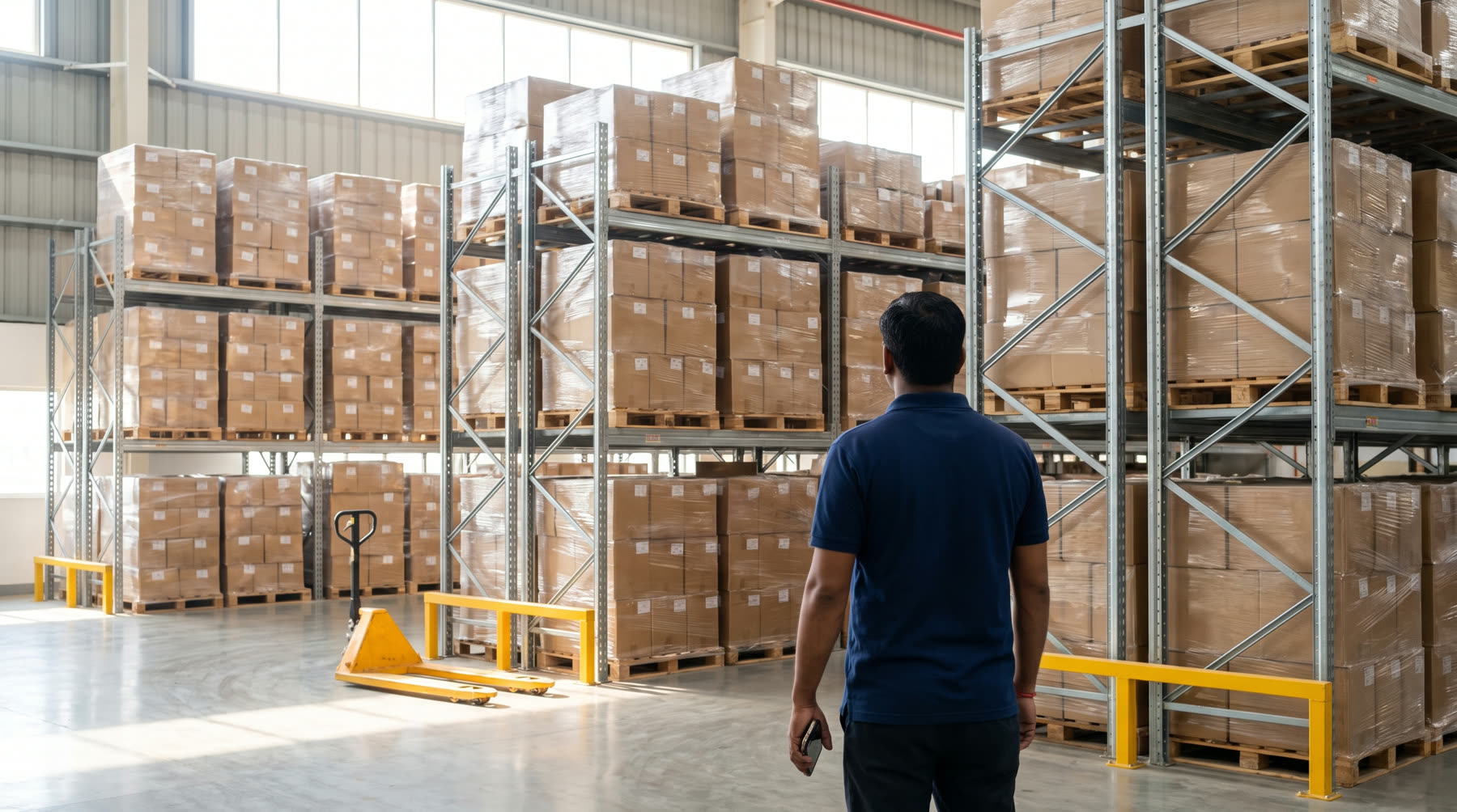 A supervisor with a phone in hand on the floor of a modern distribution warehouse, pallet racking stacked with cartons.